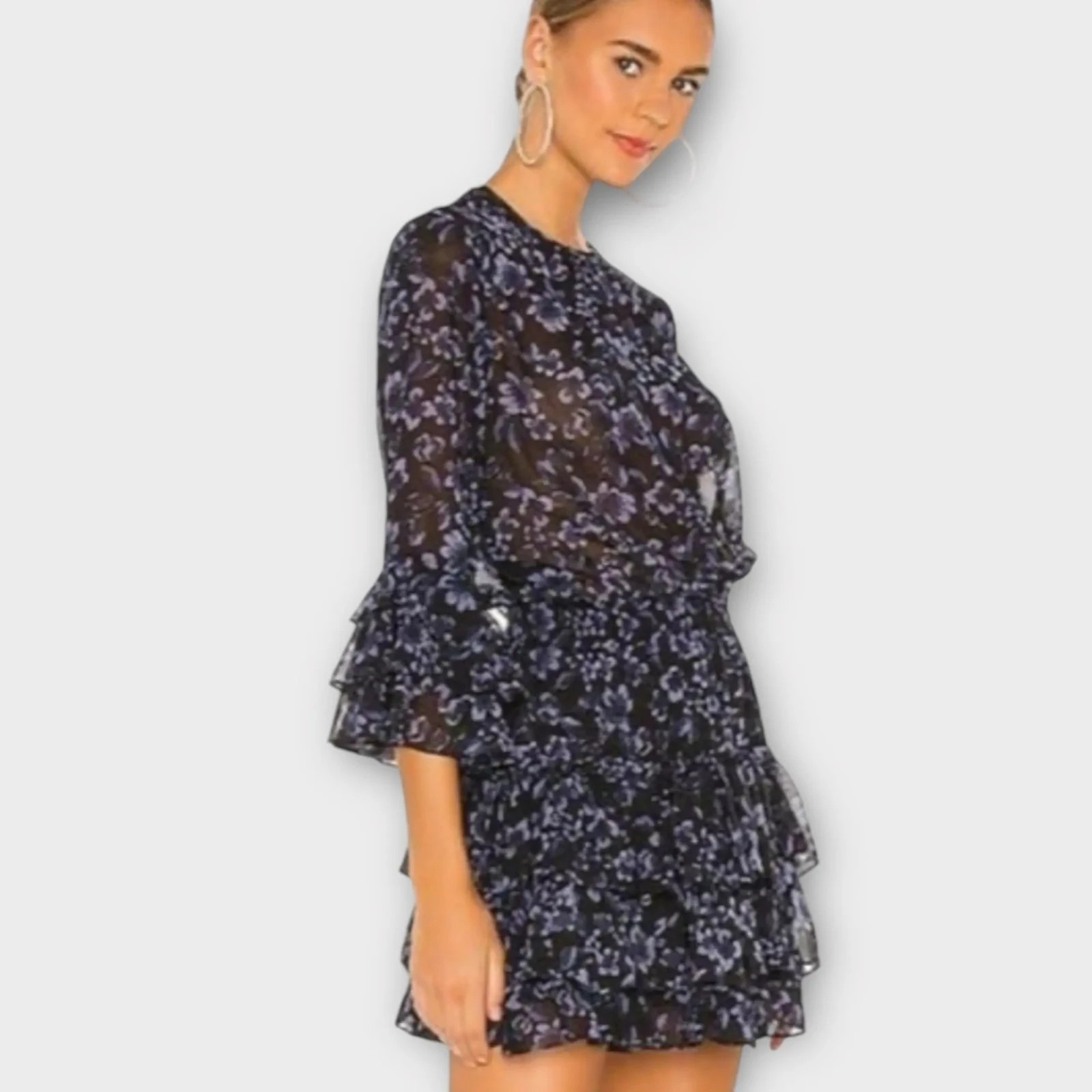 Misa Los Angeles Women Floral Print Ruffle Mini Dress Sz L Blue Chiffon Party